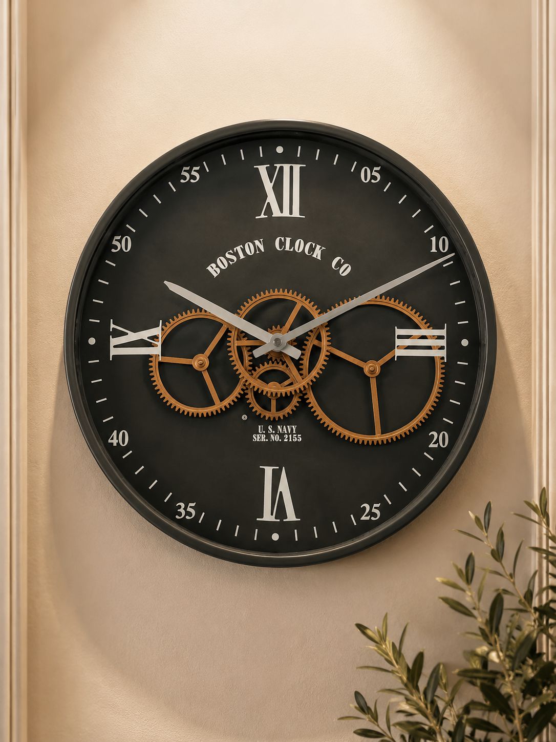 40 CM premium metal moving gear wall clock with black finish and Roman numerals