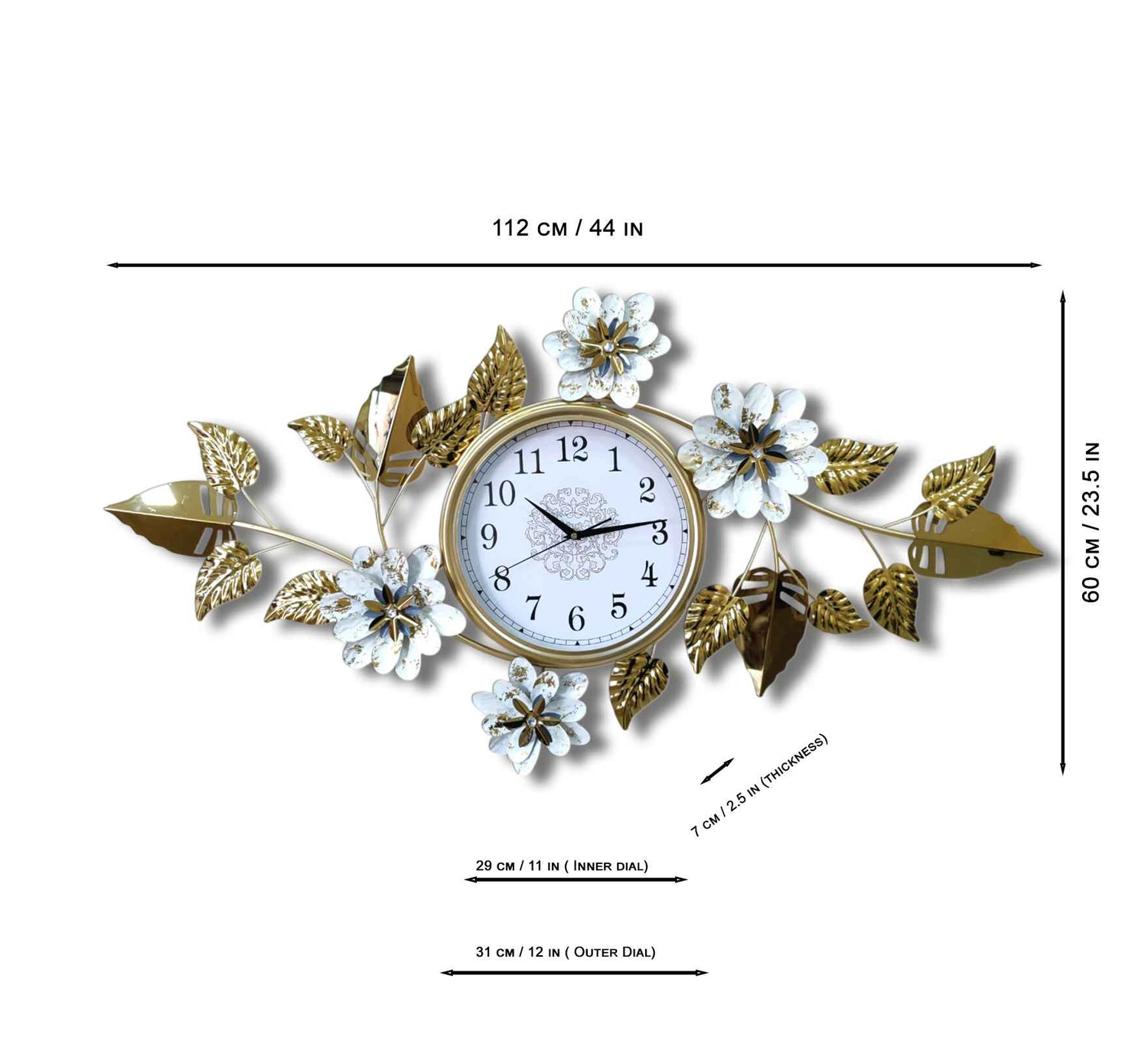 Elegant Gold Metal Wall Clock – 44 Inch Floral &amp; Leaf Design, Modern Decorative Wall Art for Living Room, Bedroom &amp; Office Décor