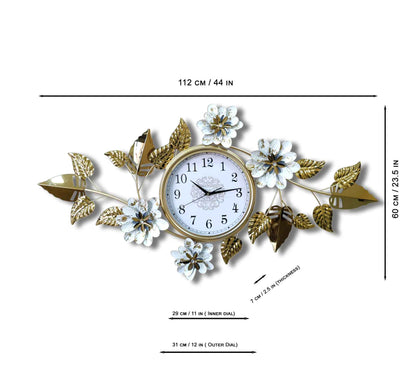 Elegant Gold Metal Wall Clock – 44 Inch Floral & Leaf Design, Modern Decorative Wall Art for Living Room, Bedroom & Office Décor