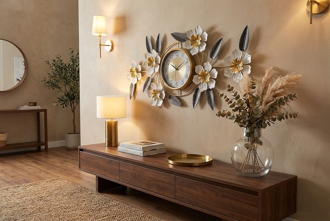 Luxury Iron Floral Wall Clock (90cm × 45cm) | 3D White &amp; Gold Metal Wall Art for Living Room &amp; Bedroom