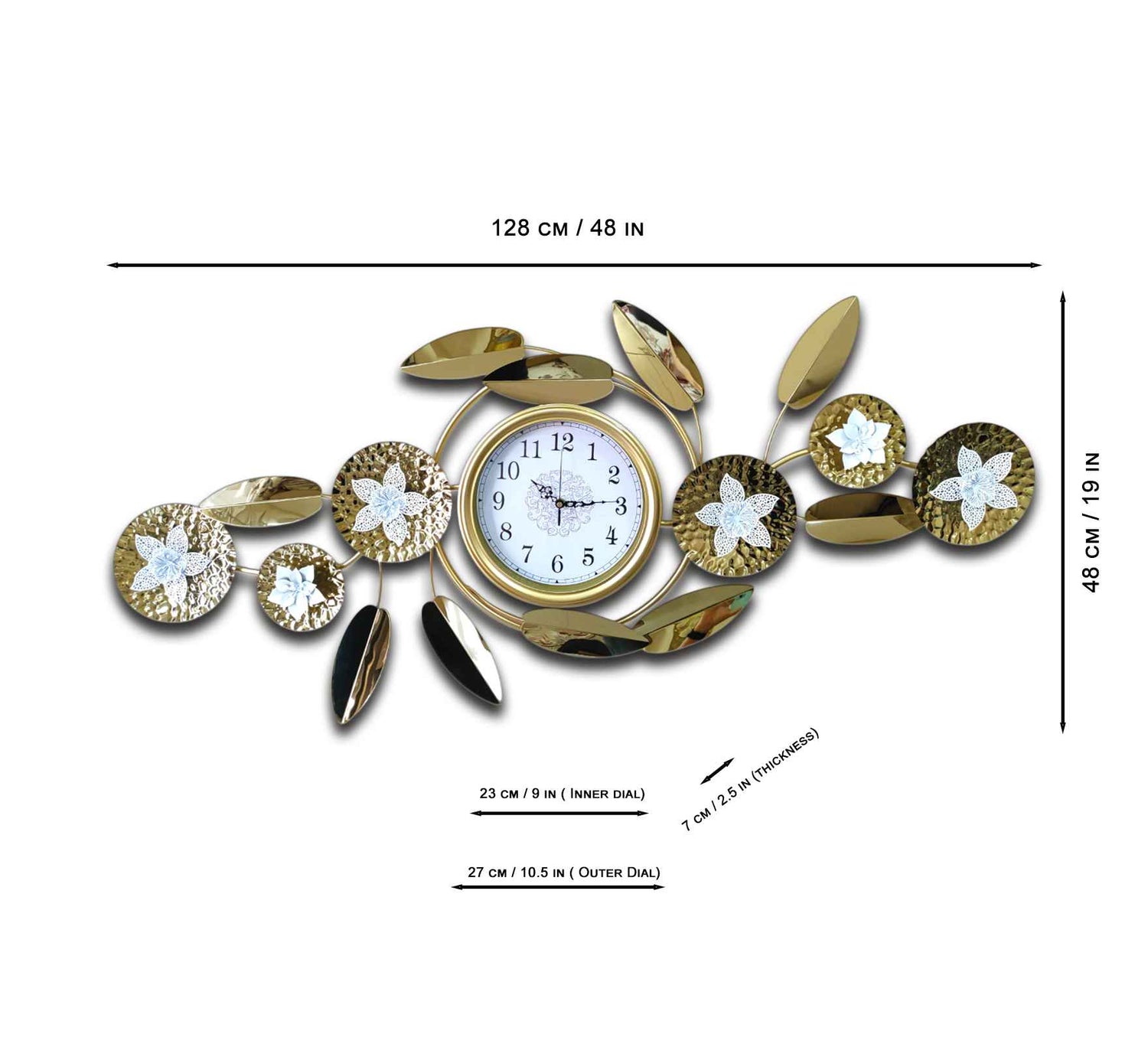 Luxurious Gold Metal Wall Clock – 48 Inch Decorative Floral Leaf Design, Large Modern Wall Art for Living Room, Office &amp; Home Décor