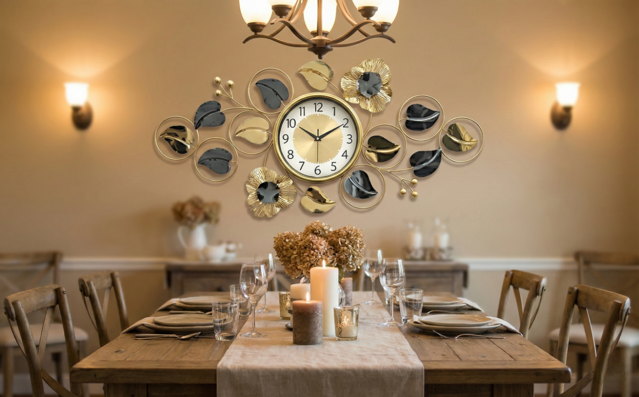 Luxury Iron Floral Wall Clock by FunkyDecors – Large Gold &amp; Black Metal Wall Art Décor (90x45 cm) - Silent Movement