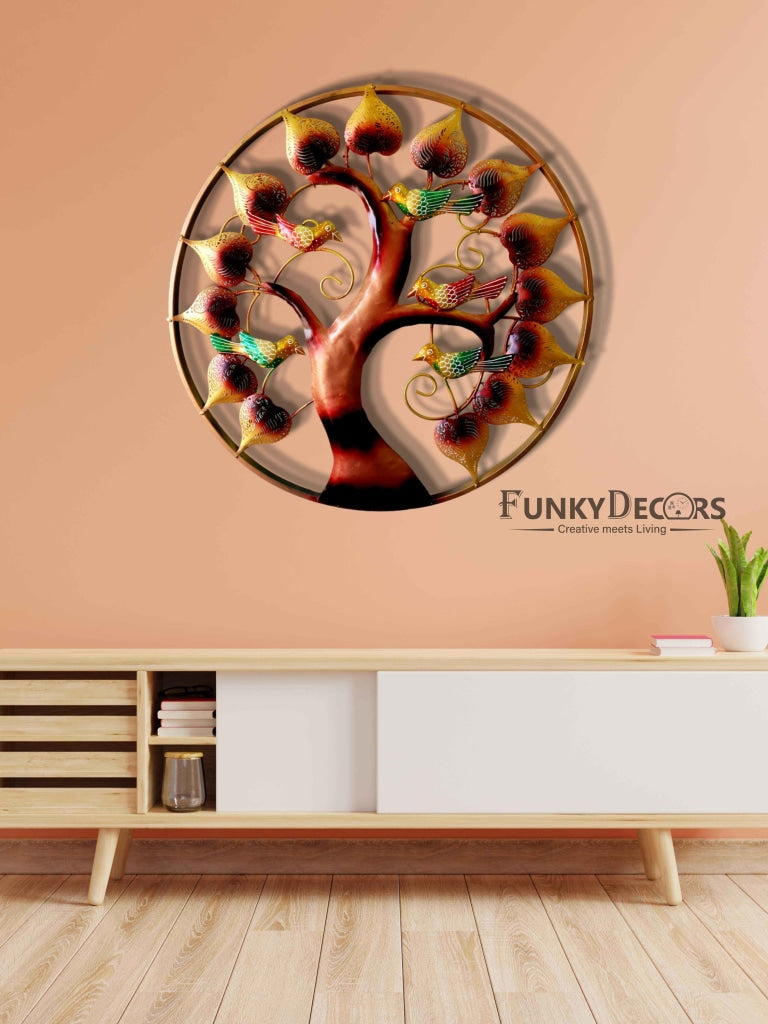 5 Birds On Tree Round Metal Wall Art With Led - Funkydecors