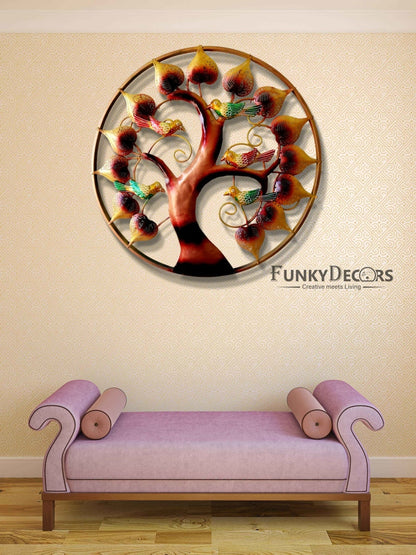 5 Birds On Tree Round Metal Wall Art With Led - Funkydecors