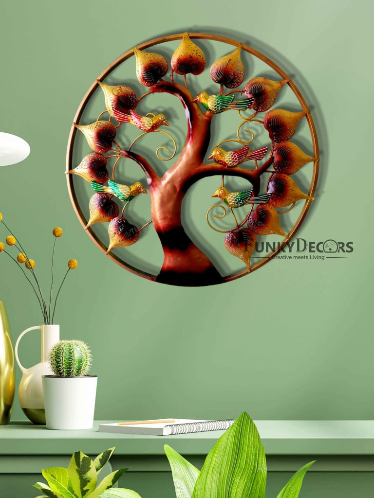 5 Birds On Tree Round Metal Wall Art With Led - Funkydecors