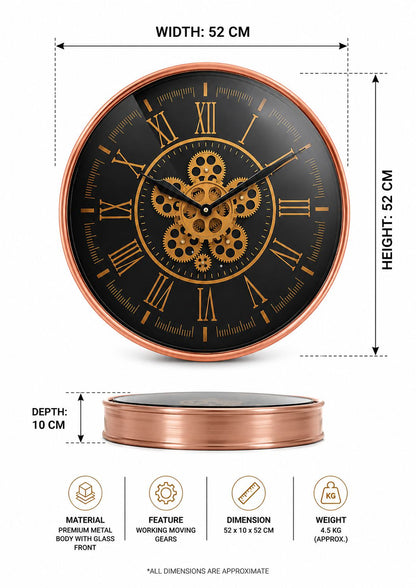 52 CM Rose Gold Moving Gear Wall Clock Size and Dimensions