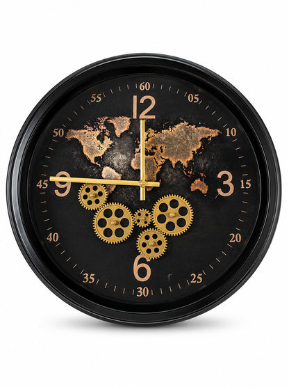 52 CM world map moving gear wall clock in black and gold premium metal finish