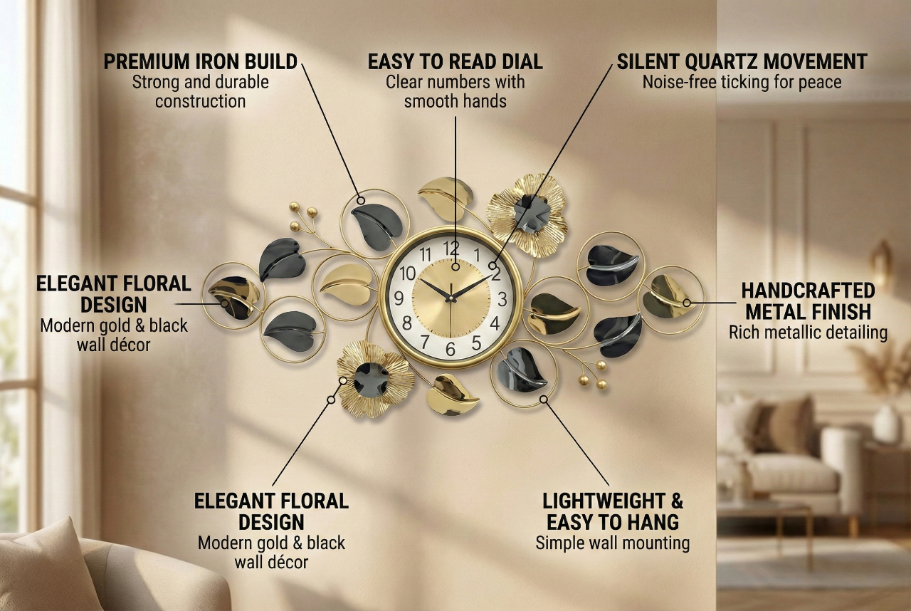 Luxury Iron Floral Wall Clock by FunkyDecors – Large Gold &amp; Black Metal Wall Art Décor (90x45 cm) - Silent Movement