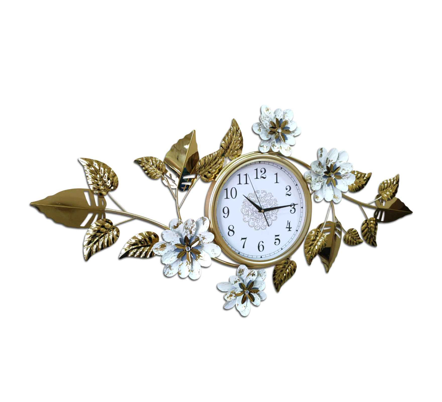 Elegant Gold Metal Wall Clock – 44 Inch Floral & Leaf Design, Modern Decorative Wall Art for Living Room, Bedroom & Office Décor