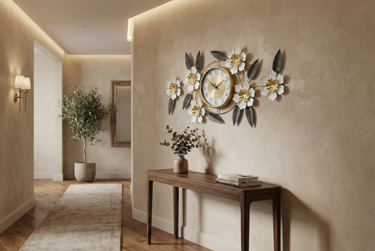 Luxury Iron Floral Wall Clock (90cm × 45cm) | 3D White &amp; Gold Metal Wall Art for Living Room &amp; Bedroom