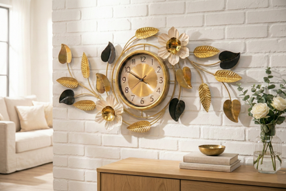 Luxurious 3D Floral Metal Wall Clock by FunkyDecors – Large Gold & Black Iron Art (90x45cm) with Silent Movement