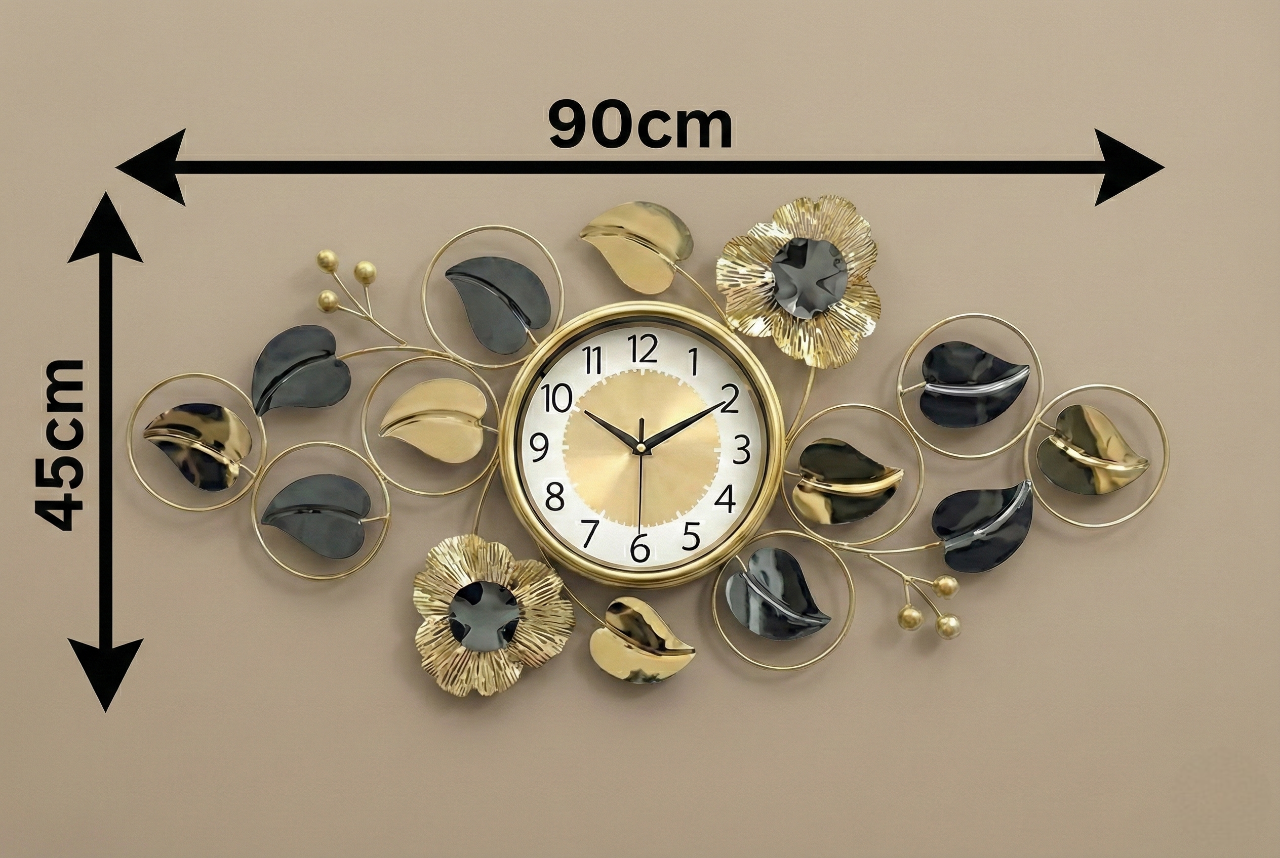 Luxury Iron Floral Wall Clock by FunkyDecors – Large Gold &amp; Black Metal Wall Art Décor (90x45 cm) - Silent Movement