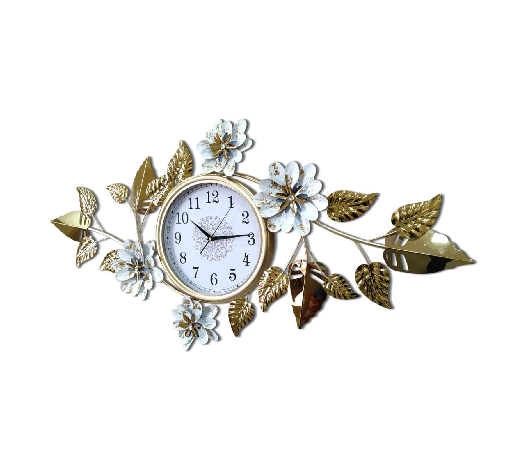 Elegant Gold Metal Wall Clock – 44 Inch Floral &amp; Leaf Design, Modern Decorative Wall Art for Living Room, Bedroom &amp; Office Décor