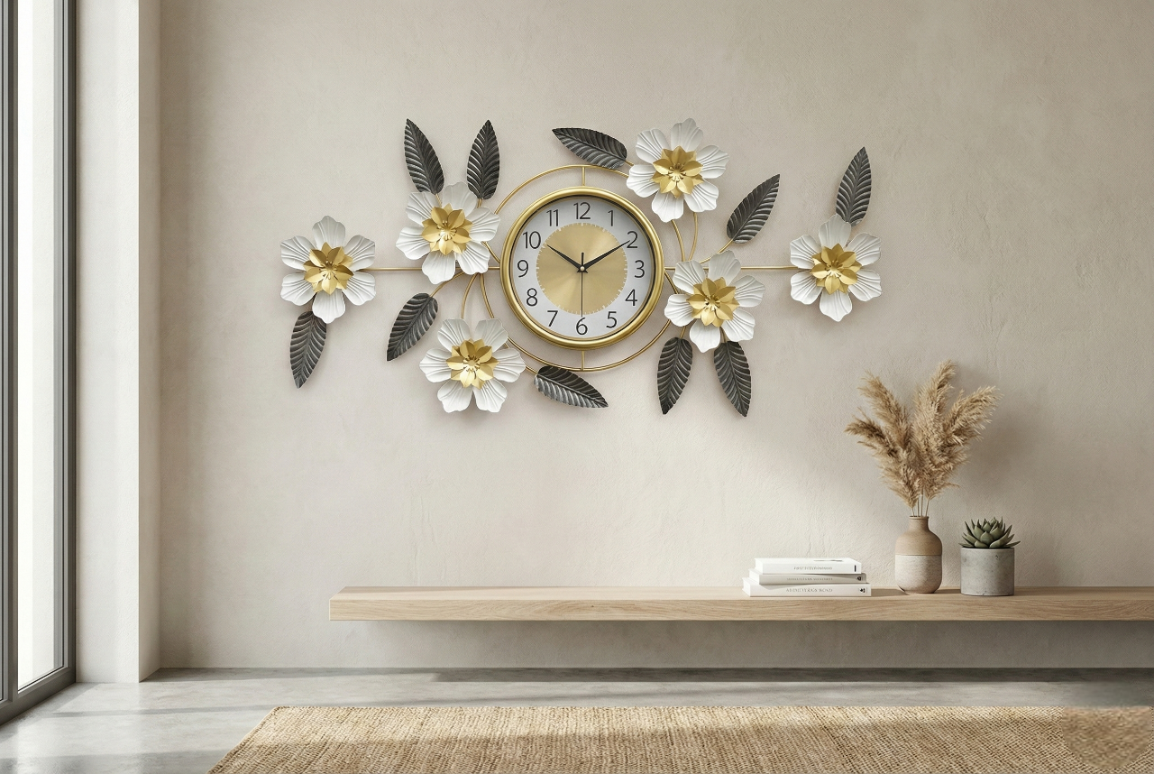 Luxury Iron Floral Wall Clock (90cm × 45cm) | 3D White &amp; Gold Metal Wall Art for Living Room &amp; Bedroom