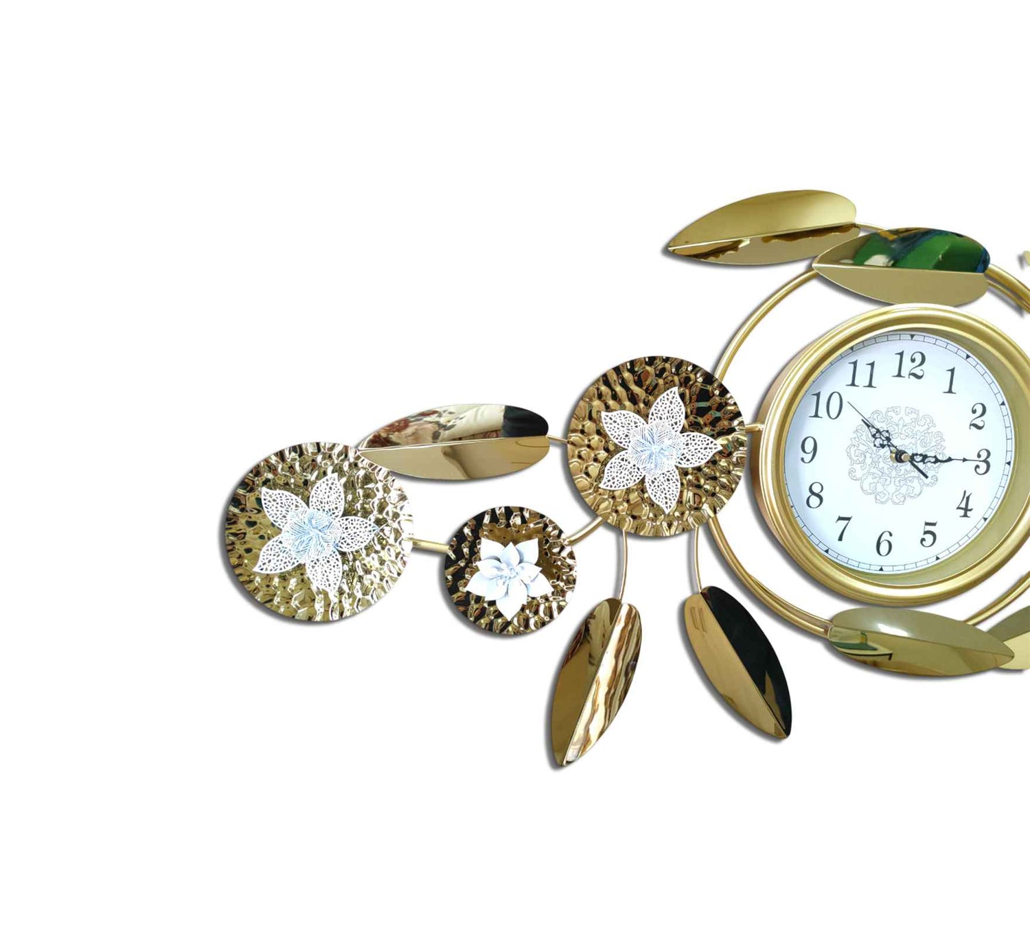 Luxurious Gold Metal Wall Clock – 48 Inch Decorative Floral Leaf Design, Large Modern Wall Art for Living Room, Office &amp; Home Décor