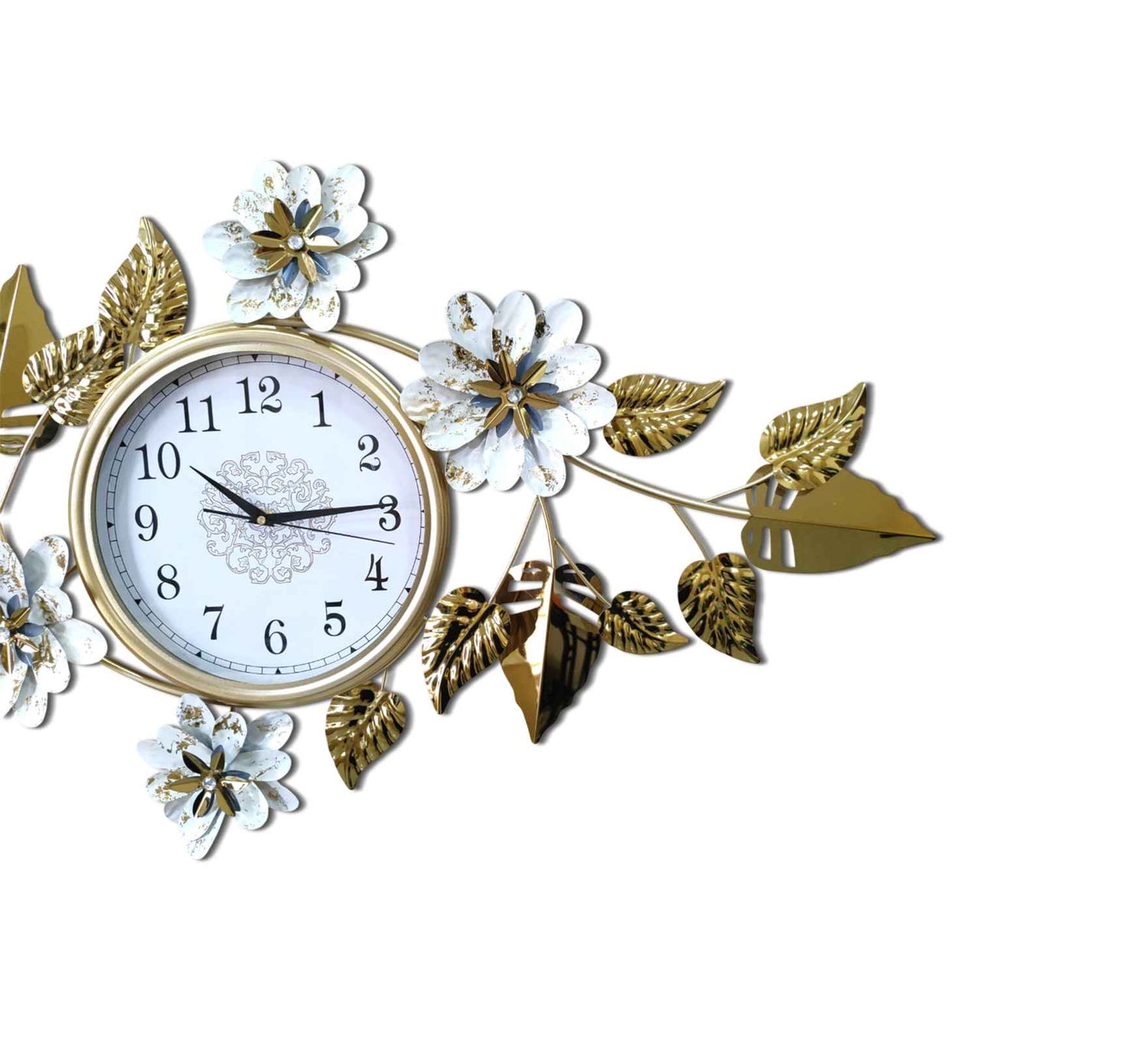Elegant Gold Metal Wall Clock – 44 Inch Floral &amp; Leaf Design, Modern Decorative Wall Art for Living Room, Bedroom &amp; Office Décor