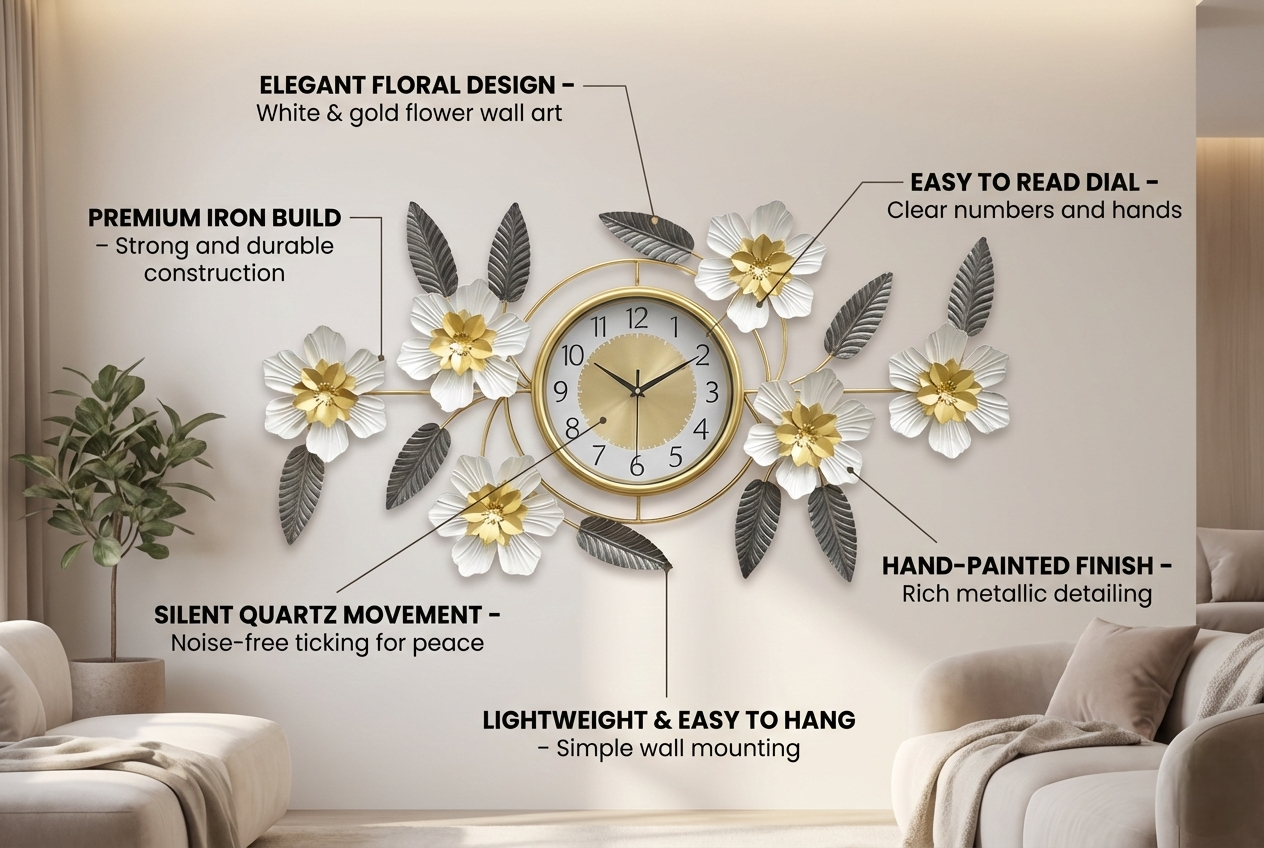 Luxury Iron Floral Wall Clock (90cm × 45cm) | 3D White &amp; Gold Metal Wall Art for Living Room &amp; Bedroom