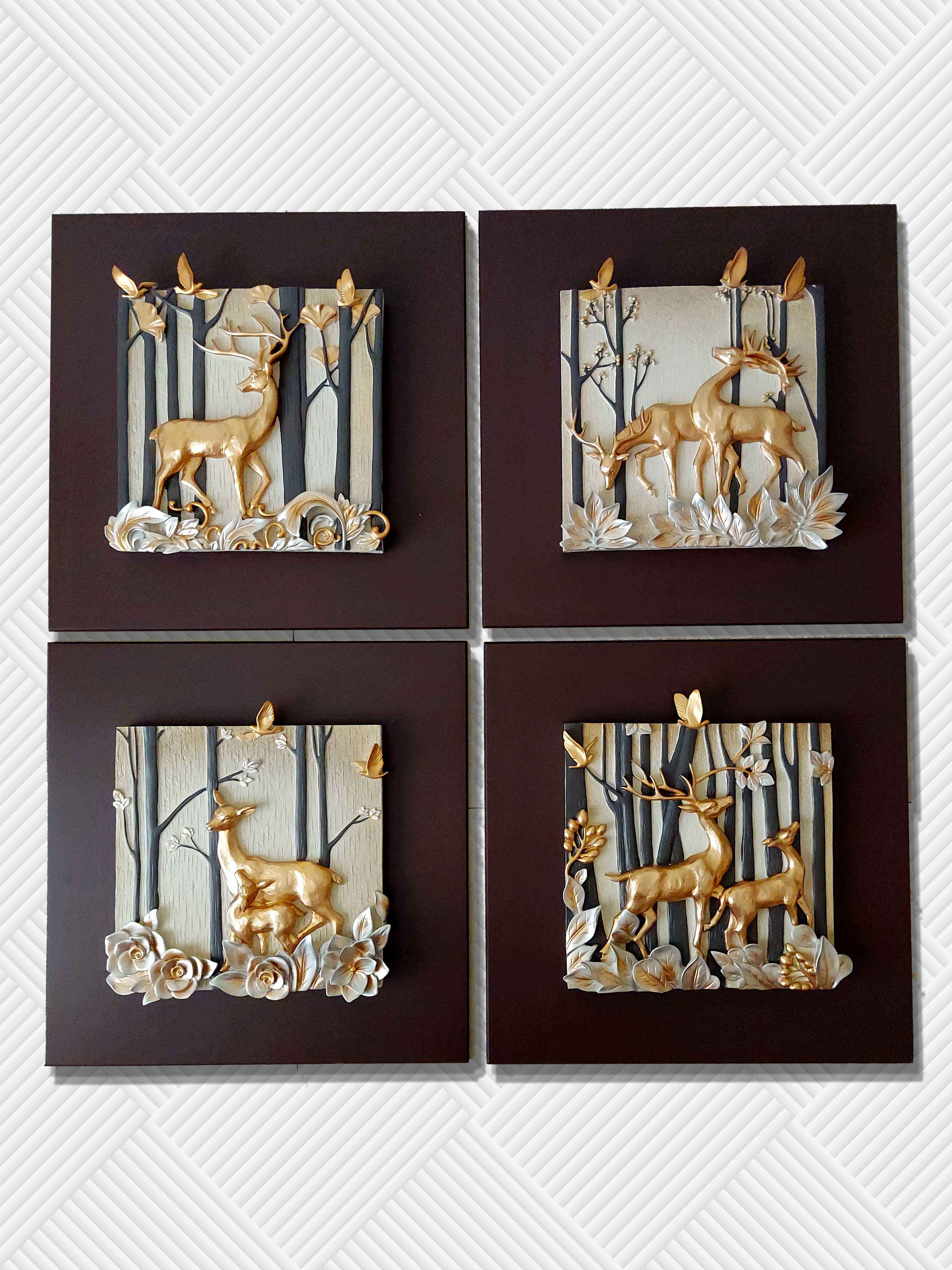 Deers Modern 3D Stone Carving Wall Art - Set of 4