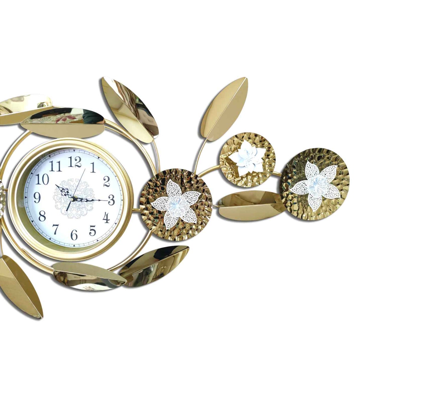 Luxurious Gold Metal Wall Clock – 48 Inch Decorative Floral Leaf Design, Large Modern Wall Art for Living Room, Office &amp; Home Décor