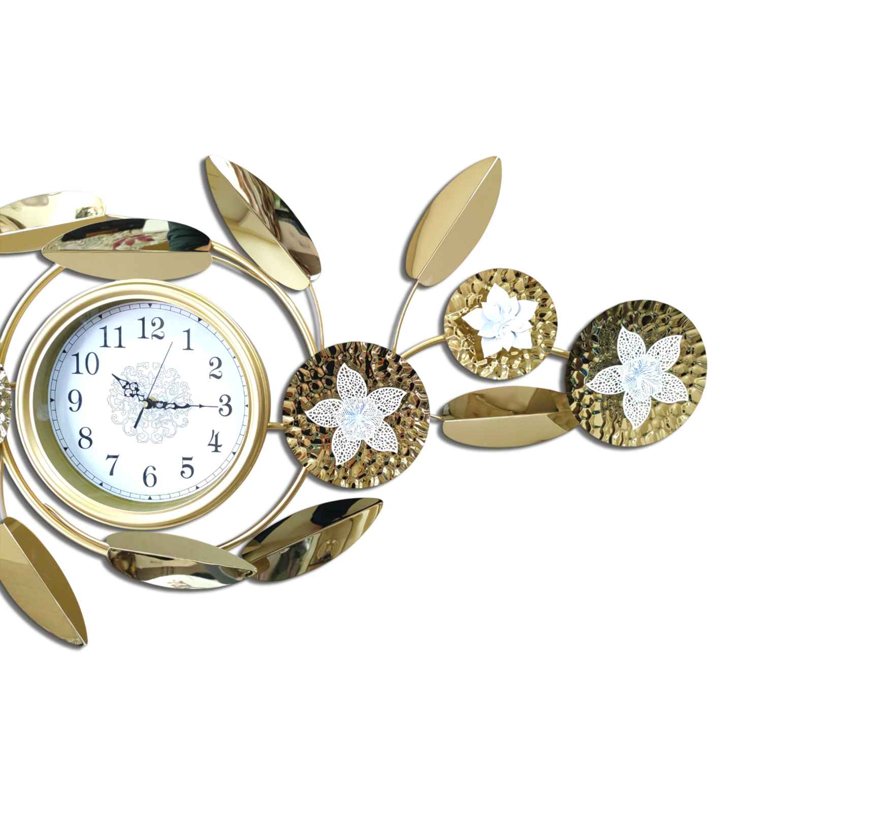 Luxurious Gold Metal Wall Clock – 48 Inch Decorative Floral Leaf Design, Large Modern Wall Art for Living Room, Office &amp; Home Décor