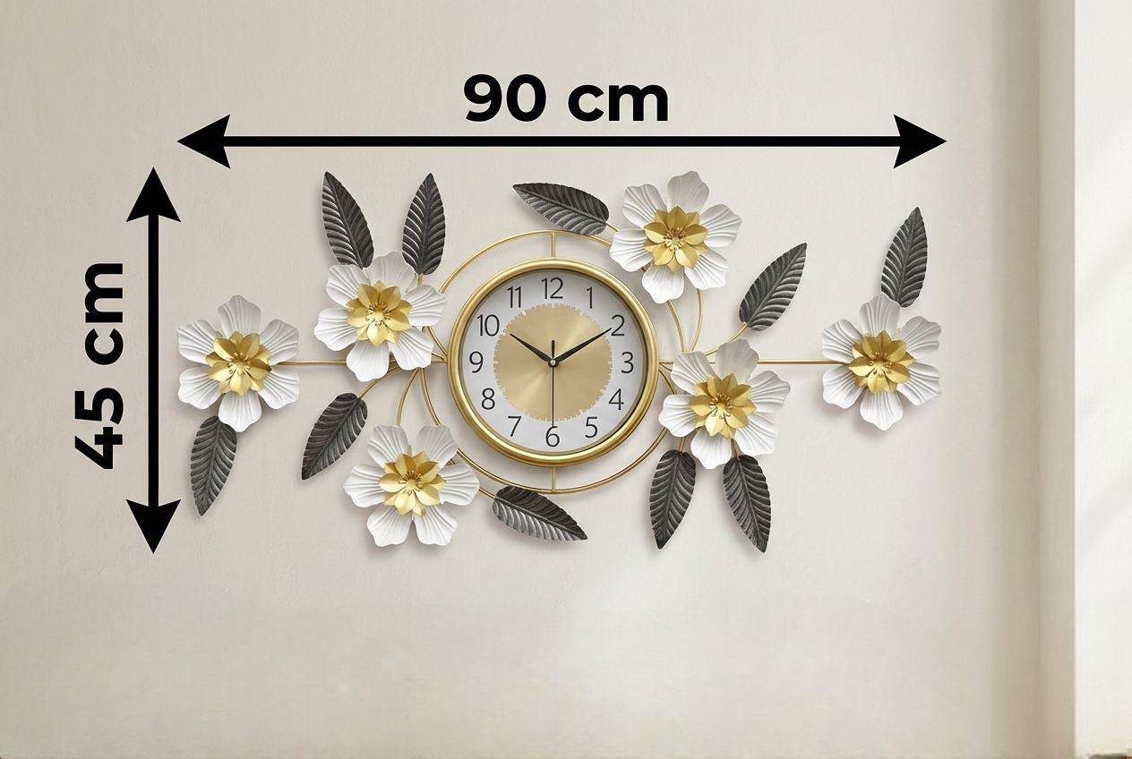 Luxury Iron Floral Wall Clock (90cm × 45cm) | 3D White &amp; Gold Metal Wall Art for Living Room &amp; Bedroom