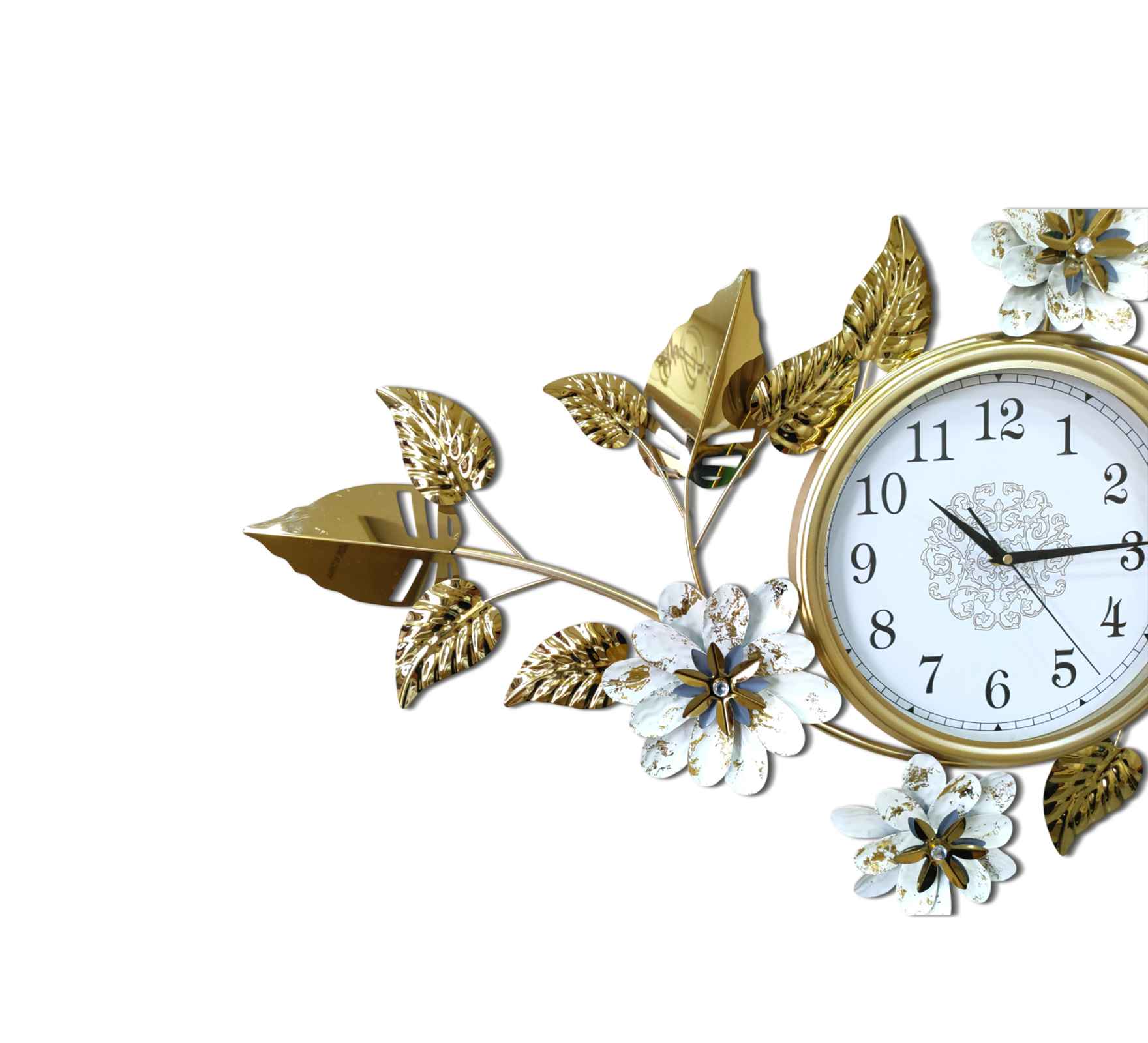 Elegant Gold Metal Wall Clock – 44 Inch Floral &amp; Leaf Design, Modern Decorative Wall Art for Living Room, Bedroom &amp; Office Décor