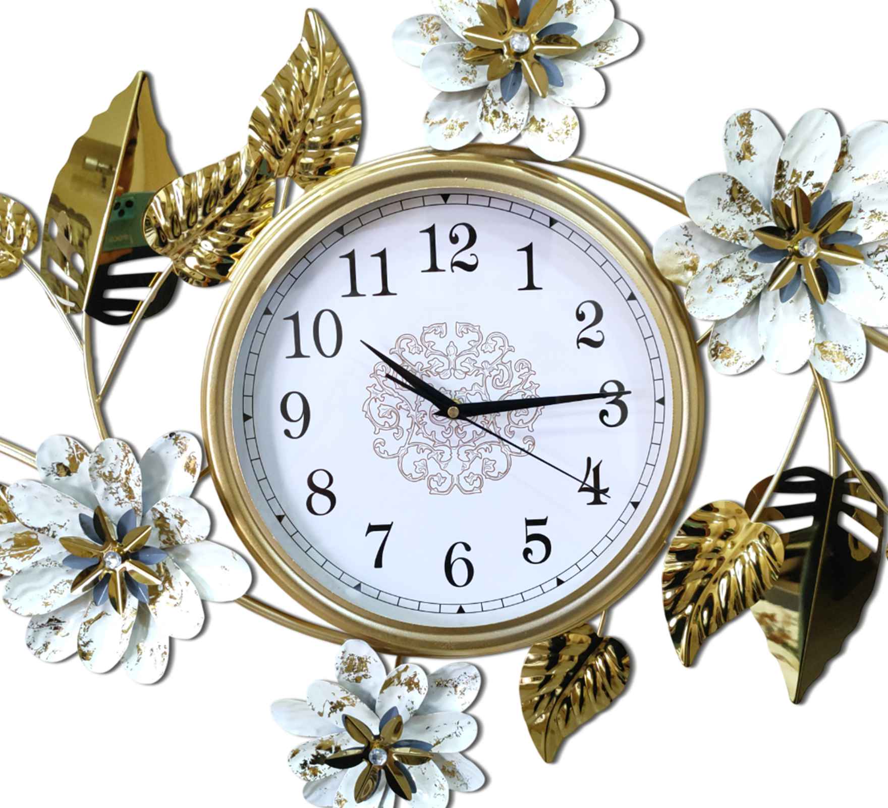 Elegant Gold Metal Wall Clock – 44 Inch Floral &amp; Leaf Design, Modern Decorative Wall Art for Living Room, Bedroom &amp; Office Décor