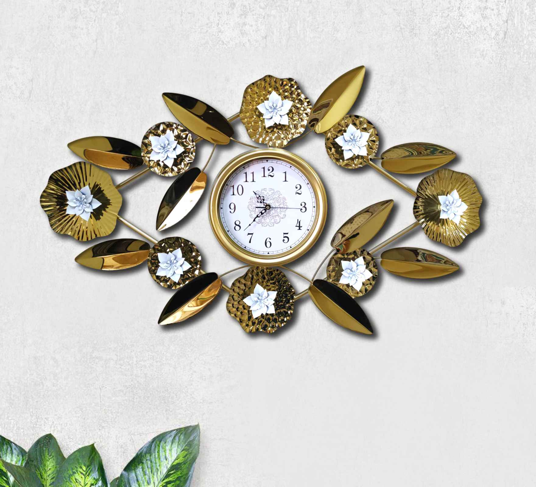 Luxury Gold Leaf Floral Wall Clock and Elegant Metal Art for Home Décor- FunkyDecors