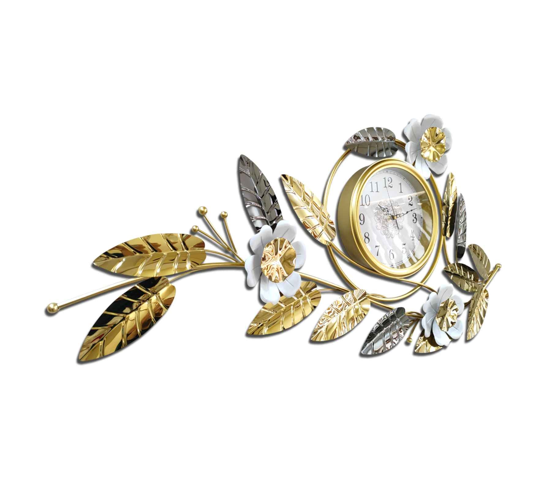 Elegant Gold Metal Wall Clock – 43 Inch Floral &amp; Leaf Design, Modern Decorative Wall Art for Living Room, Bedroom &amp; Office Décor