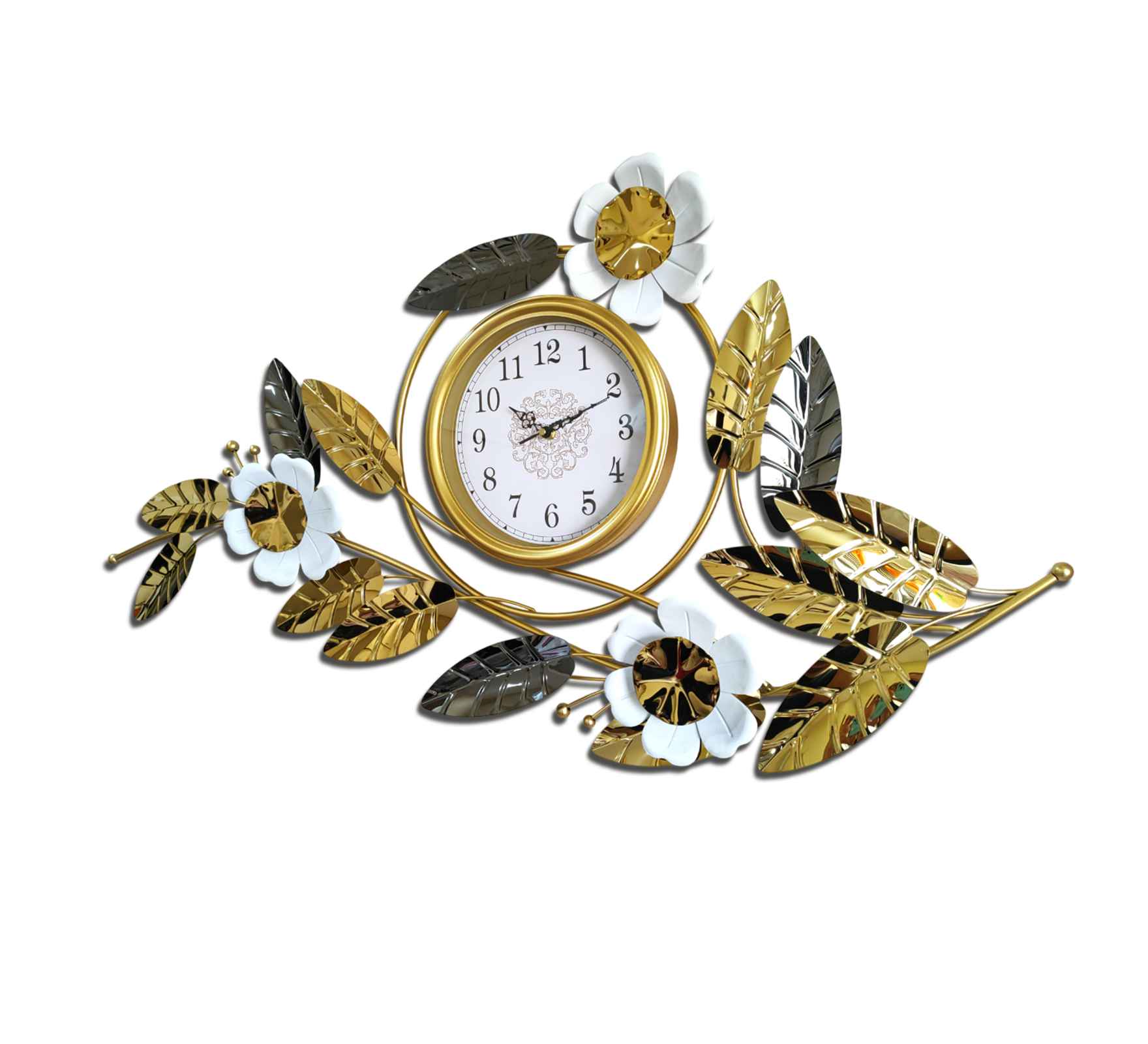 Elegant Gold Metal Wall Clock – 43 Inch Floral &amp; Leaf Design, Modern Decorative Wall Art for Living Room, Bedroom &amp; Office Décor
