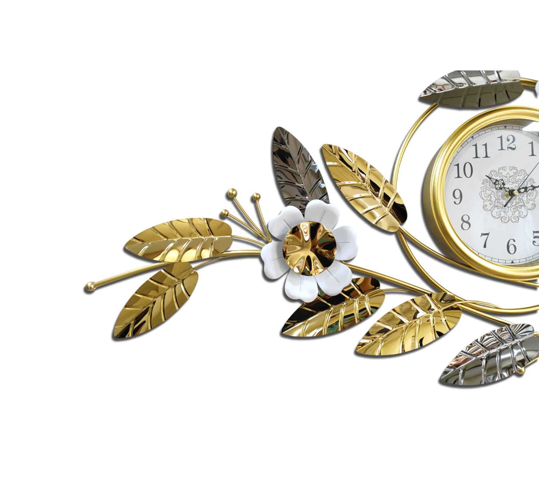 Elegant Gold Metal Wall Clock – 43 Inch Floral &amp; Leaf Design, Modern Decorative Wall Art for Living Room, Bedroom &amp; Office Décor