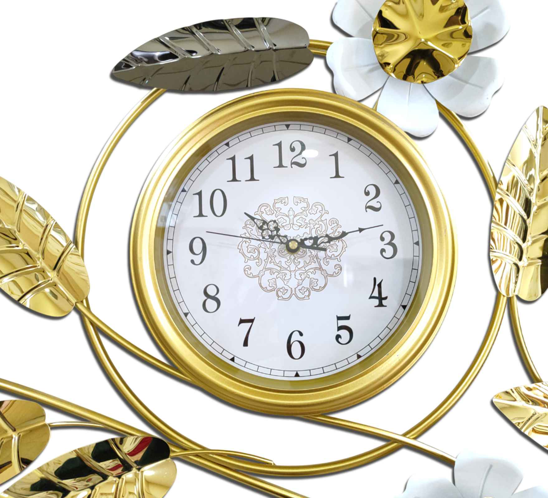 Elegant Gold Metal Wall Clock – 43 Inch Floral &amp; Leaf Design, Modern Decorative Wall Art for Living Room, Bedroom &amp; Office Décor