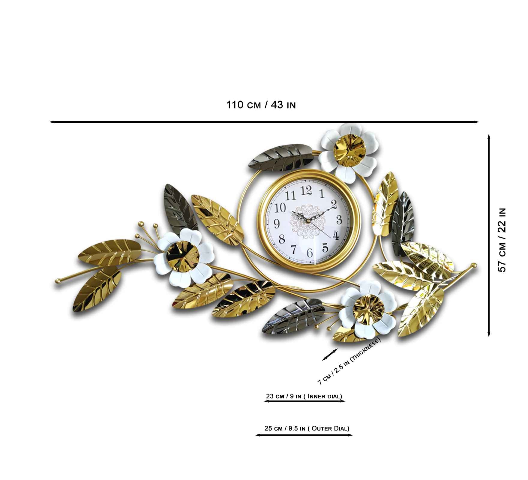 Elegant Gold Metal Wall Clock – 43 Inch Floral &amp; Leaf Design, Modern Decorative Wall Art for Living Room, Bedroom &amp; Office Décor