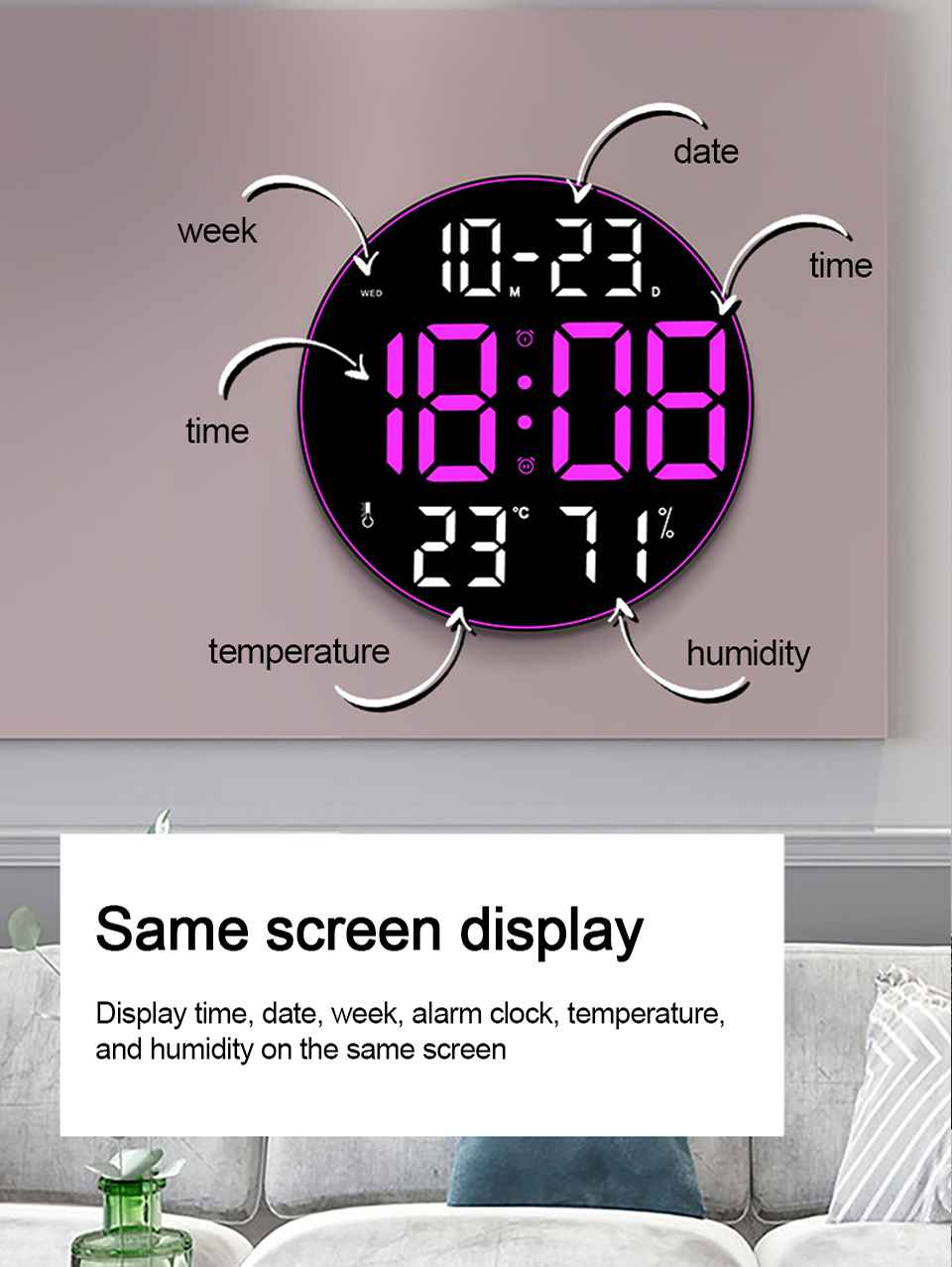 Modern Digital LED Wall Clock with Remote Control – Large Display, Temperature &amp; Humidity Monitor, Multi-Color Options