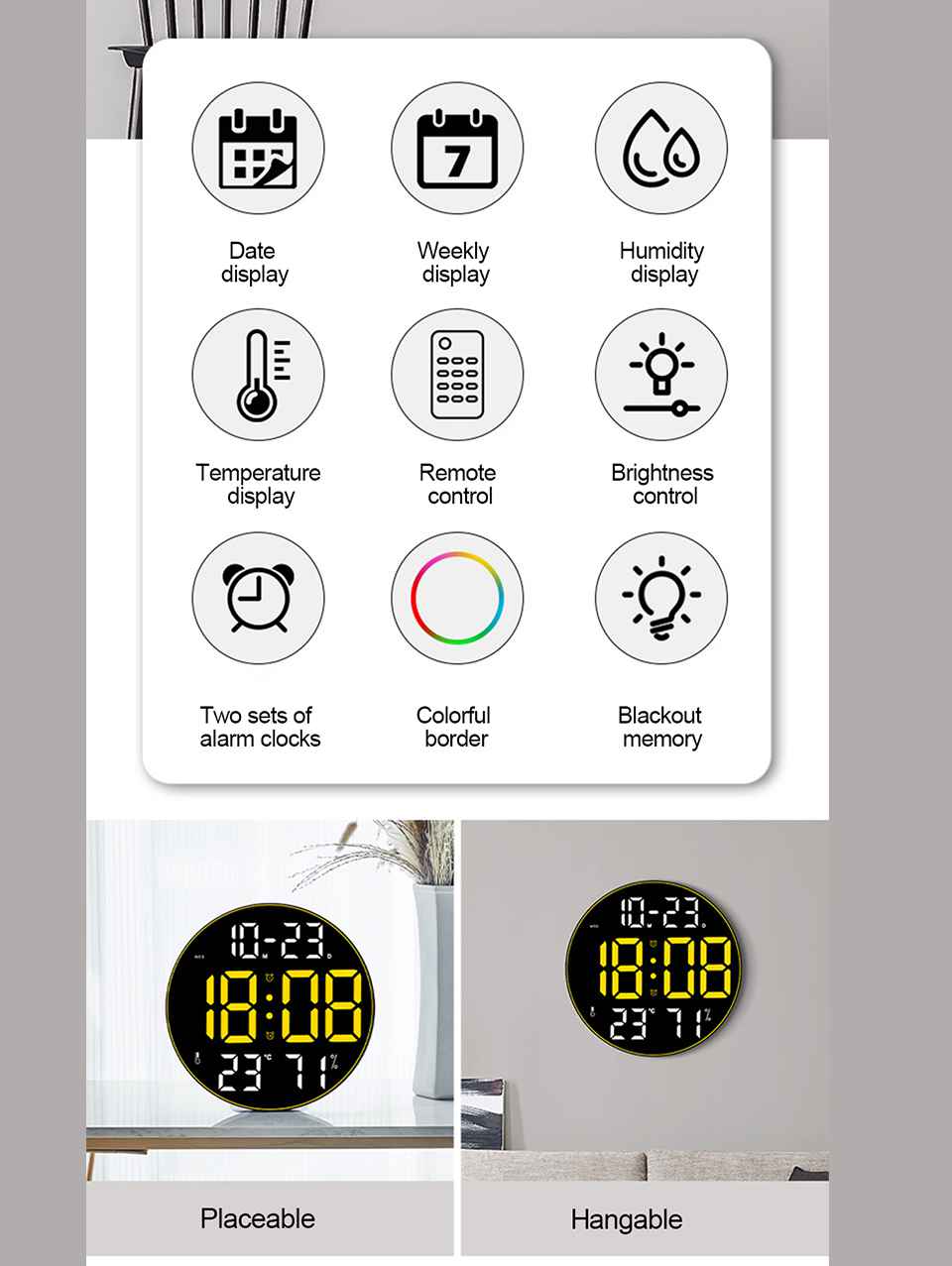 Modern Digital LED Wall Clock with Remote Control – Large Display, Temperature &amp; Humidity Monitor, Multi-Color Options