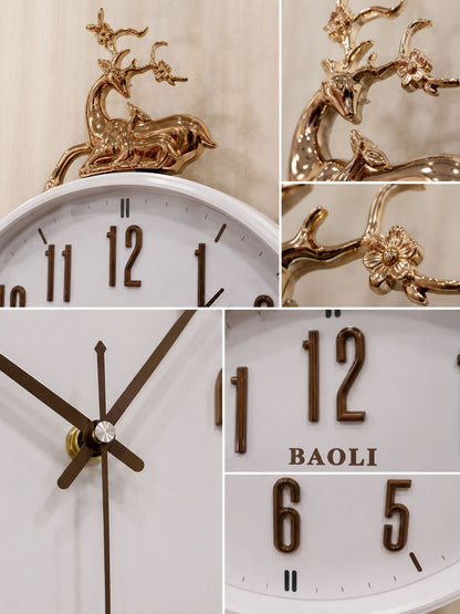 A collage showing close-up details of a wall clock with a white face, dark brown numerals and hands, and a metallic gold deer and antler ornament on top. The text &