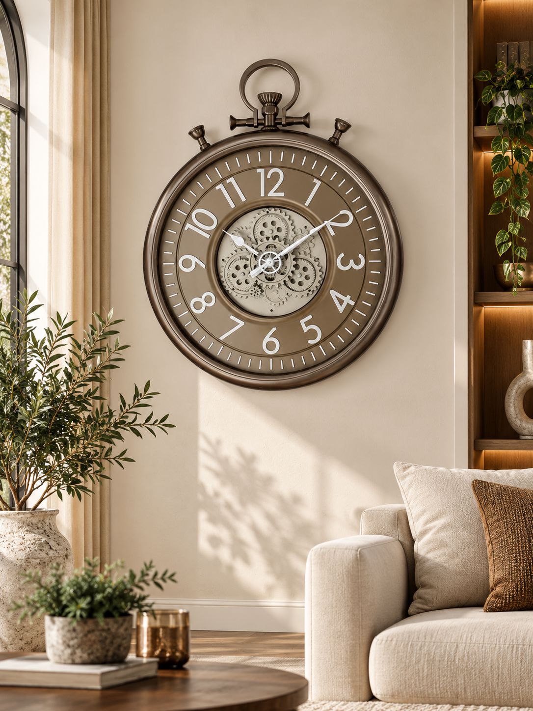 A large round wall clock with a vintage pocket-watch style frame hangs on a beige wall in a styled living room. The clock face is taupe-brown with white Arabic numerals and a visible inner gear mechanism.