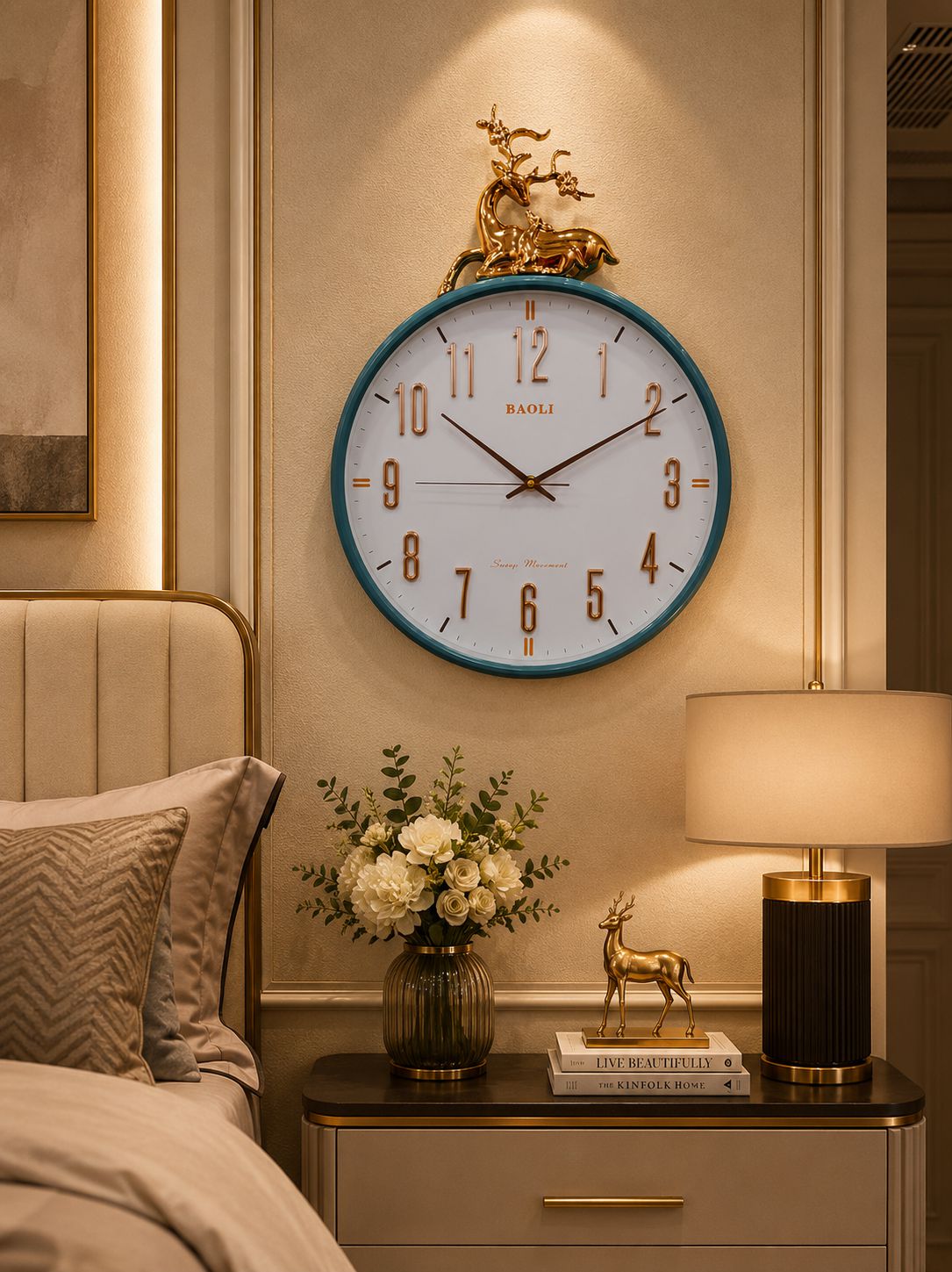 A round wall clock with a white face, gold Arabic numerals, and a teal-blue outer frame, mounted above a bedside table in a warmly lit bedroom. The clock has a decorative gold deer sculpture on top.