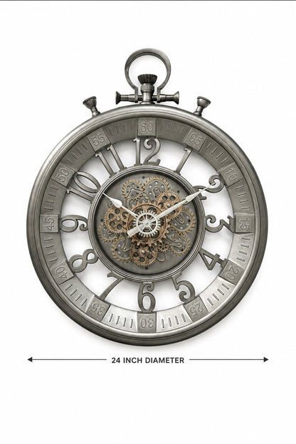 A steampunk-style pocket watch clock with a visible ornate internal gear mechanism, shown on a white background with a dimension label reading 24 inch diameter.