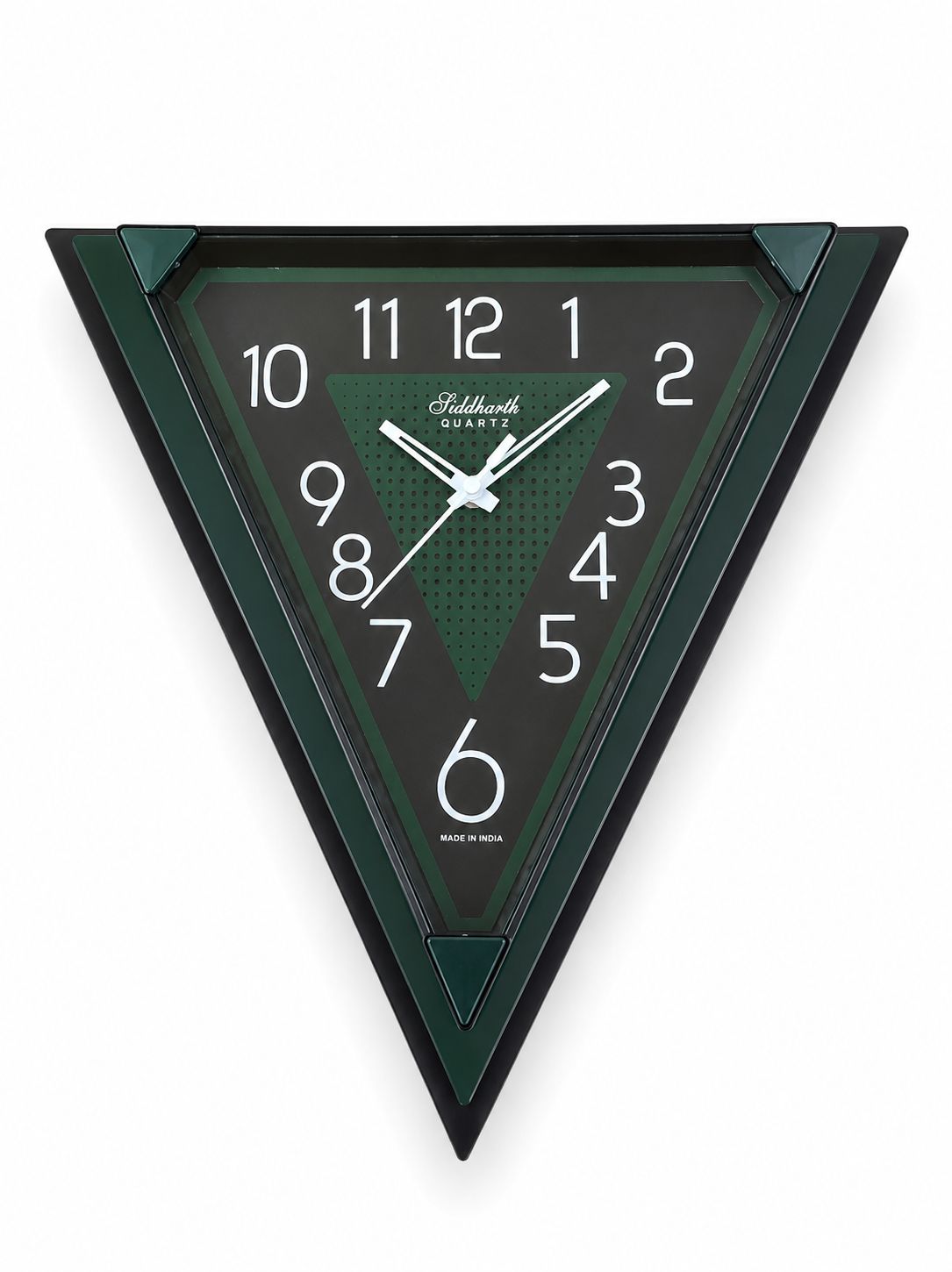 A triangular wall clock with a dark green and black design, featuring white Arabic numerals and hands, and the text &