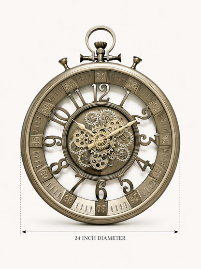 An antique-style skeleton pocket watch with a 24-inch diameter, featuring a bronze-toned metal case, openwork dial, visible internal gears, and a hanging loop at the top, shown on a light background with a dimension label below.