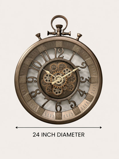An antique-style steampunk pocket watch with a 24-inch diameter, featuring a bronze-toned metal frame, skeletonized numerals, and visible internal gears and cogs on a light beige background.