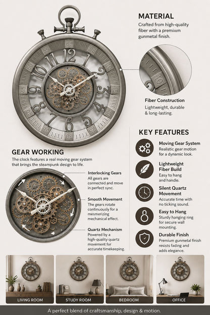 An infographic detailing a vintage-style wall clock, featuring a large front view of the clock, a close-up of its internal gear system, a key features list, and four small lifestyle room mockups at the bottom showing the clock in a living room, study room, bedroom, and office.