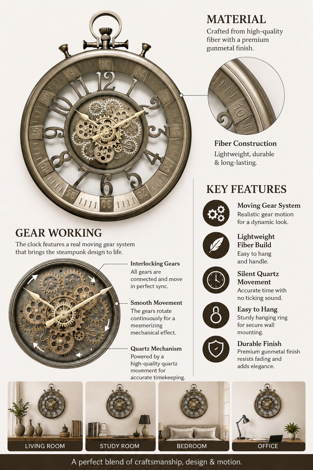 An infographic detailing the features of a vintage-style mechanical wall clock. The main image shows the clock face and its intricate gear system, with callouts pointing to &