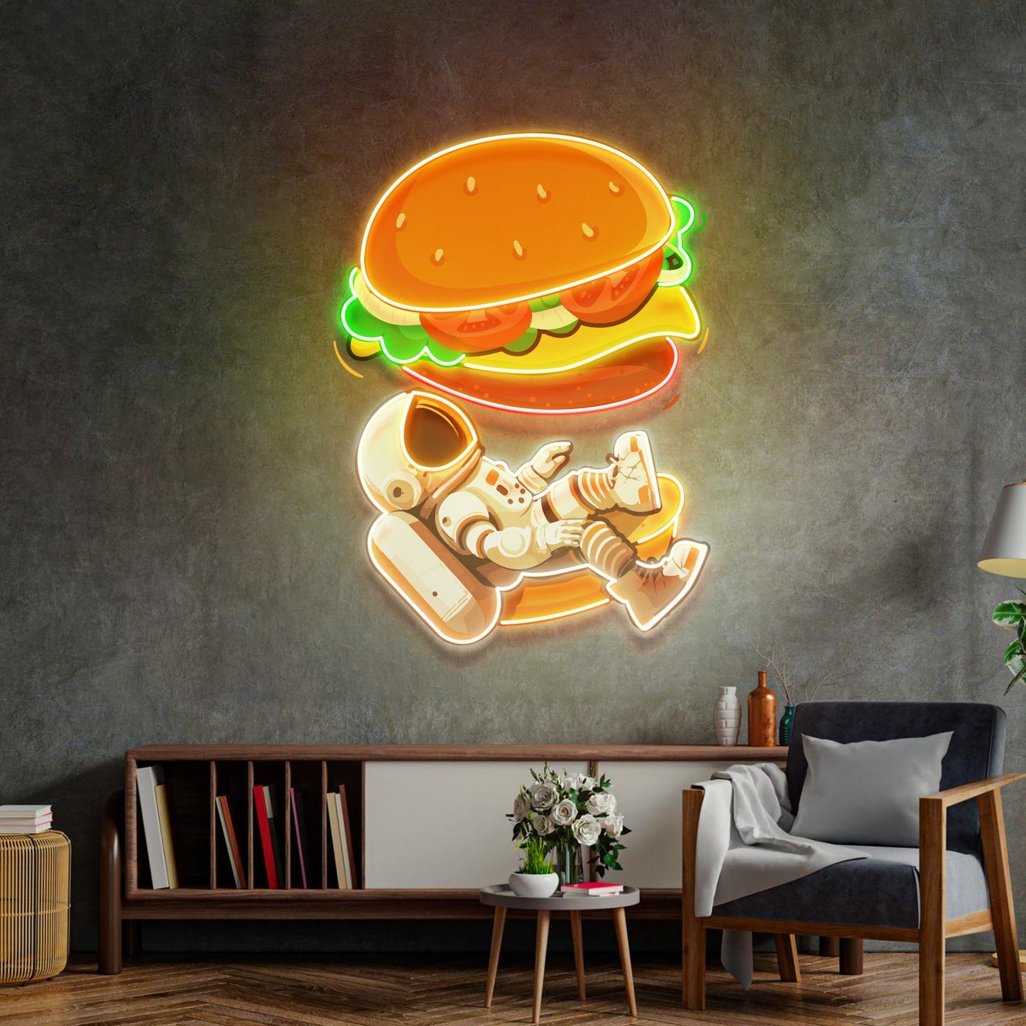 Astronaut Burger Neon Sign - Astronaut Wall Art | Custom Business Logo LED Light |  Coffee Shop Decor | FunkyDecors