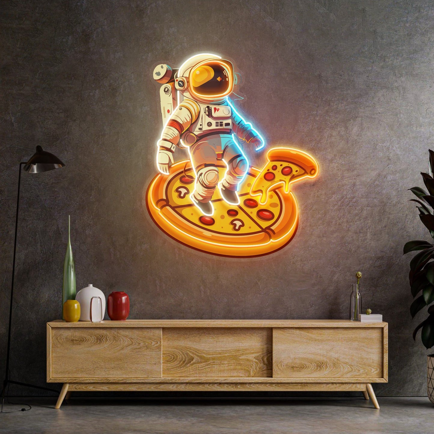 Astronaut On Pizza Neon Sign - Astronaut Wall Art | Custom Business Logo LED Light |  Coffee Shop Decor | FunkyDecors