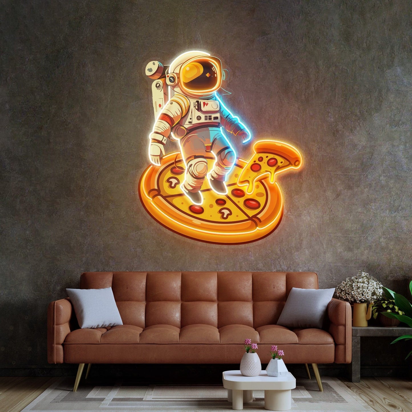 Astronaut On Pizza Neon Sign - Astronaut Wall Art | Custom Business Logo LED Light |  Coffee Shop Decor | FunkyDecors