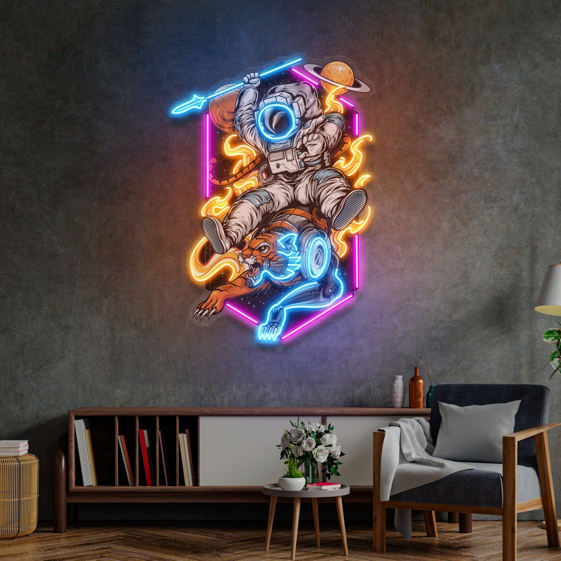 Astronaut On Tiger Neon Sign - Astronaut Wall Art | Custom Business Logo LED Light |  Coffee Shop Decor | FunkyDecors