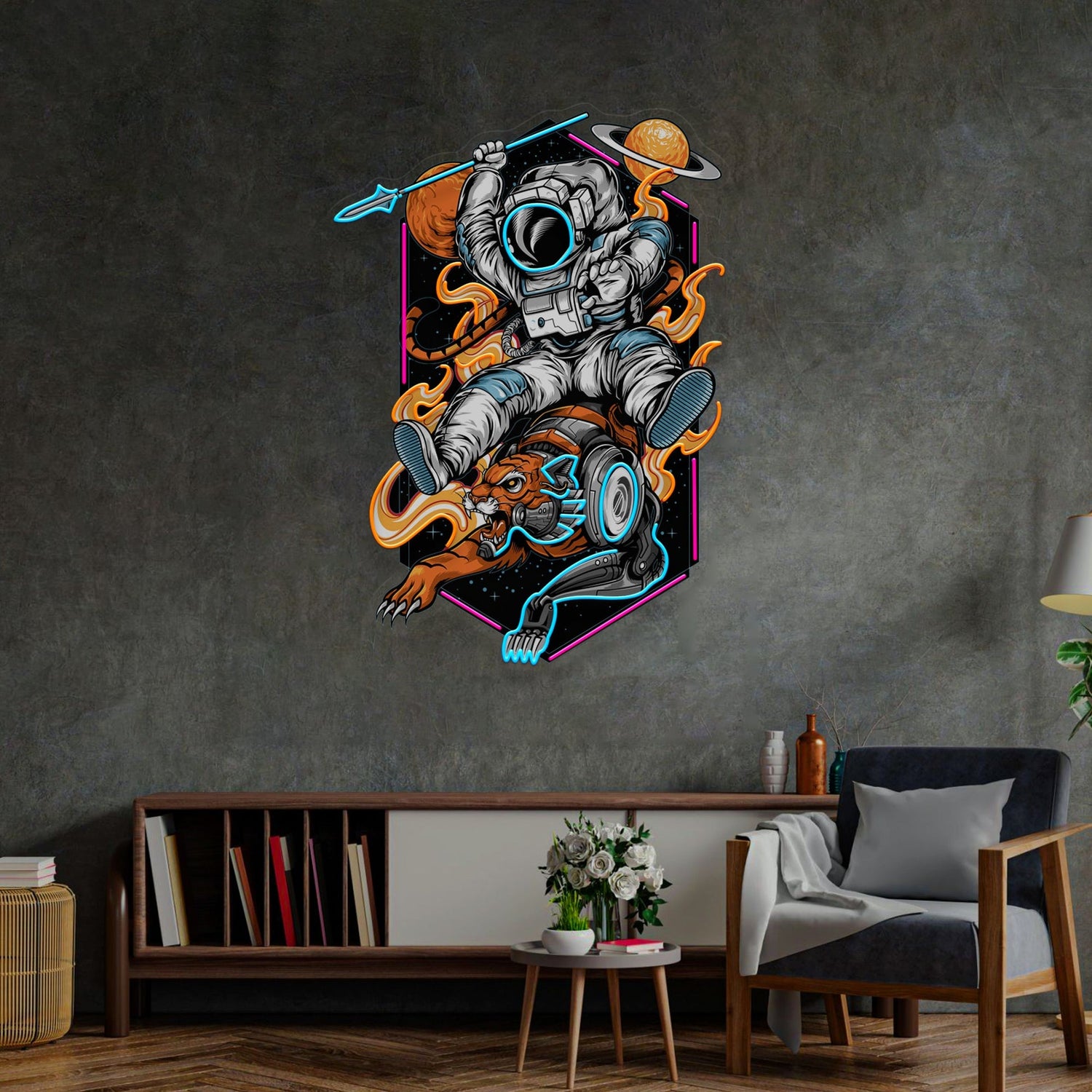 Astronaut On Tiger Neon Sign - Astronaut Wall Art | Custom Business Logo LED Light |  Coffee Shop Decor | FunkyDecors