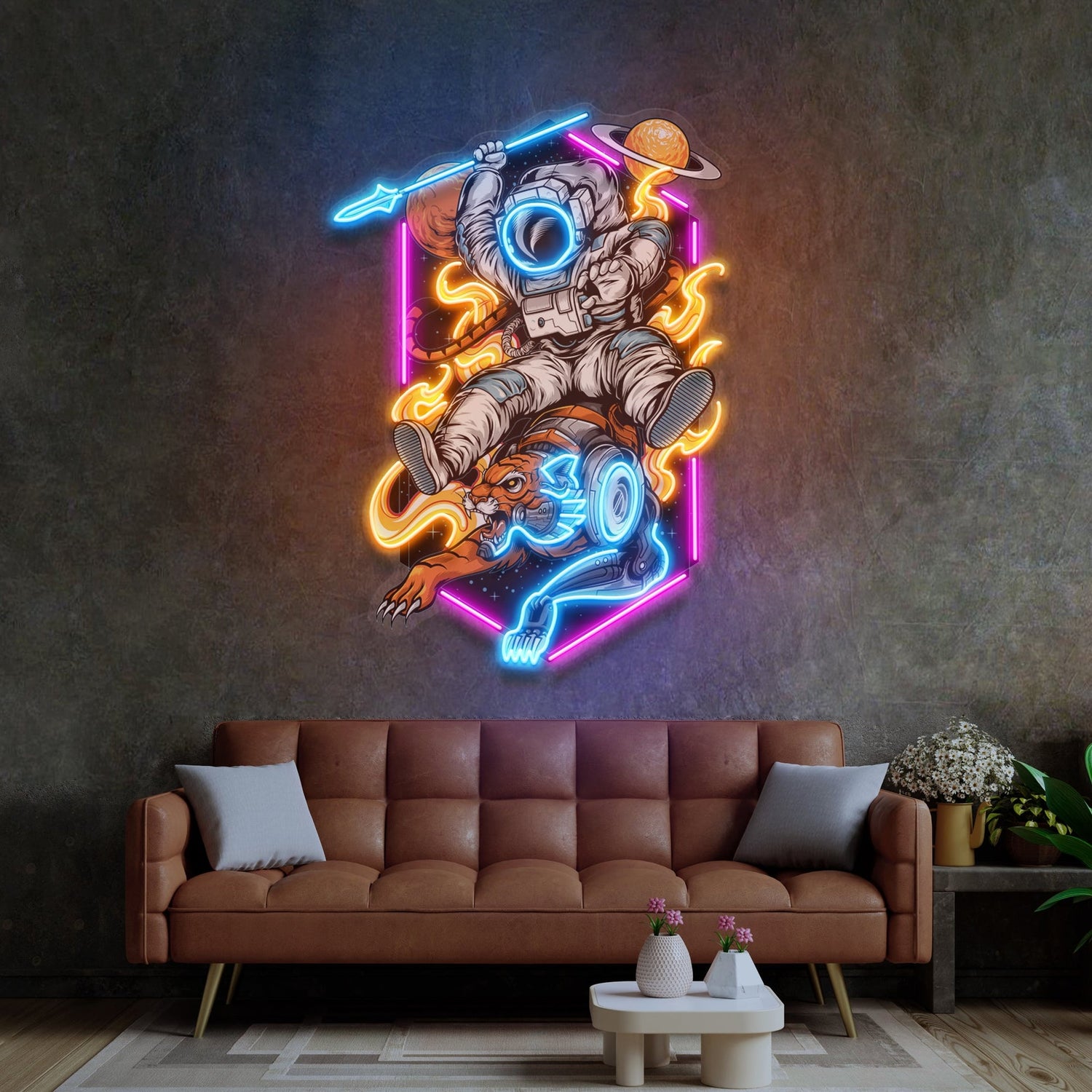 Astronaut On Tiger Neon Sign - Astronaut Wall Art | Custom Business Logo LED Light |  Coffee Shop Decor | FunkyDecors